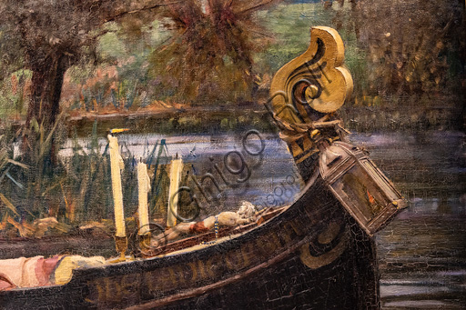 "La Dama di Shalott", 1888 di John William Waterhouse  (1849 - 1917); olio su tela. Fonte ispiratrice è l'omonimo poema di Alfred Tennyson. Particolare della prua della barca.