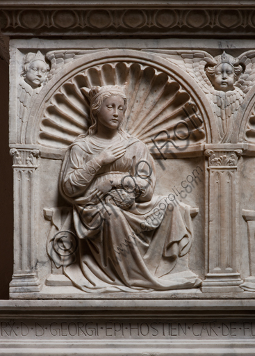 , Genoa, Duomo (St. Lawrence Cathedral), inside, Northern aisle, De Marini Chapel: "Funerary Monument of Giorgio Fieschi - Detail of Prudence", by Giovanni Gagini, 1461. 