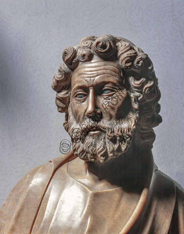 Museo del Duomo: statua di S.Pietro Apostolo (proveniente dal pilone 83 del Duomo, prima metà XV sec.). Particolare della testa.
