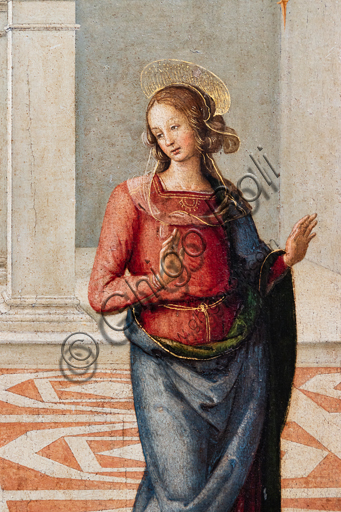  Perugia, National Gallery of Umbria: Annunciation, by Pietro di Cristoforo Vannucci, known as Perugiano, 1475 or 1493, tempera on panel. Detail of the Virgin