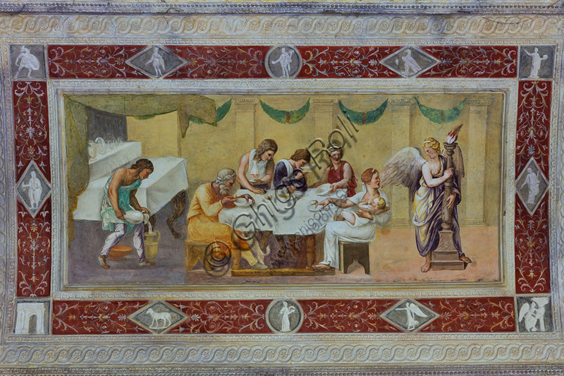 Mantua, Palazzo Te (Gonzaga's Summer residence), Loggia of the Secret Garden, detail of the vault, fresco, scenes of man's life:  feeding and eating (meal and breast feeding)