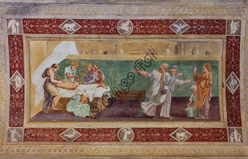 Mantua, Palazzo Te (Gonzaga's Summer residence), Loggia of the Secret Garden, detail of the vault, fresco, scenes of man's life: Illness.