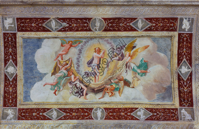 Mantova, Palazzo Te (residenza estiva dei Gonzaga), Loggia del Giardino Segreto, particolare della volta affrescata con scene della vita dell'uomo: l'anima portata in Cielo.