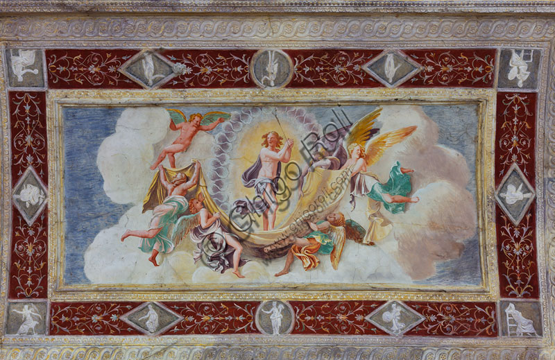 Mantua, Palazzo Te (Gonzaga's Summer residence), Loggia of the Secret Garden, detail of the vault, fresco, scenes of man's life: the Soul led to the Sky.