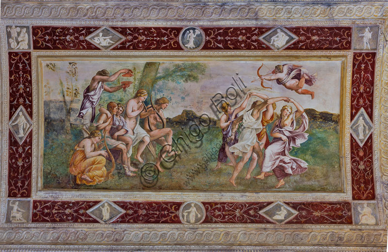 Mantua, Palazzo Te (Gonzaga's Summer residence), Loggia of the Secret Garden, detail of the vault, fresco, scenes of man's life:  Falling in love.