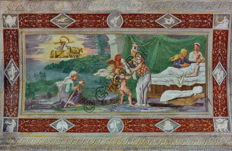 Mantua, Palazzo Te (Gonzaga's Summer residence), Loggia of the Secret Garden, detail of the vault, fresco, scenes of man's life: Birth.