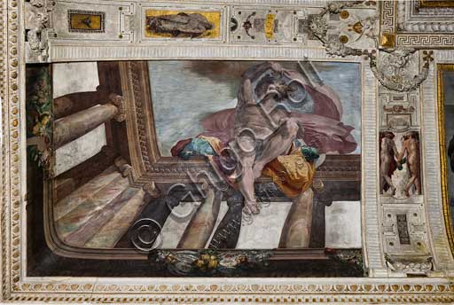 Bologna, Palazzo Poggi, Sala di Ulisse, particolare della volta con episodi dell' Odissea: particolare di uno degli Ignudi ai quattro angoli. Affreschi di Pellegrino Tibaldi, 1550 -1551.