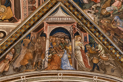 Foligno, Palazzo Trinci, la cappella: affreschi di Ottaviano Nelli, eseguiti nel 1424. Particolare della volta: L'angelo promette la prole a Gioacchino e Anna.