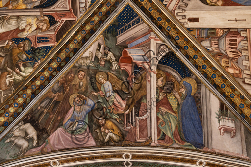 Foligno, Palazzo Trinci, la cappella: affreschi di Ottaviano Nelli, eseguiti nel 1424. Particolare della volta: L'angelo promette la prole a Gioacchino e Anna.