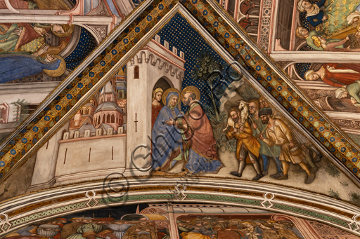  Foligno, Trinci Palace, the chapel: frescoes by Ottaviano Nelli, realised in 1424.  Detail of vault: Anna and Joachim meeting at the golden door of Jerusalem.