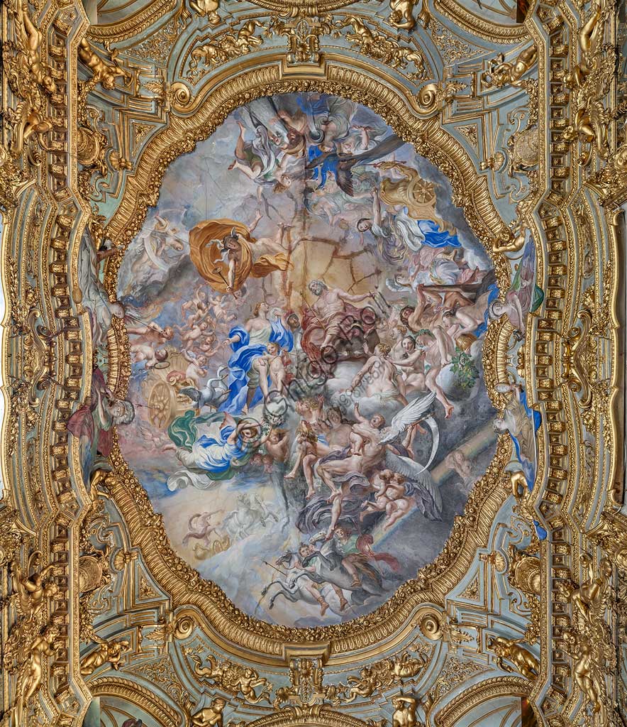 Genoa, Palazzo Carrega-Cataldi (former Palazzo Tobia Pallavicini): the Gallery, with Rococo frescoes by Lorenzo De Ferrari (1740-44). Detail of the vault: the Olympus. World Heritage UNESCO.