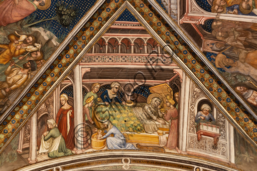 Foligno, Palazzo Trinci, la cappella: affreschi di Ottaviano Nelli, eseguiti nel 1424. Particolare della volta: Matività di Maria. 