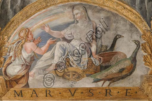 Mantova, Palazzo Te  (Residenza estiva dei Gonzaga), Sala di Amore e Psiche: la volta, con affreschi di Giulio Romano e aiuti (1526 - 1528). I ventidue passi illustrati da Giulio Romano a Palazzo Te sono tratti dalle Metamorfosi di Apuleio, scrittore latino del II secolo d. C.Particolare della volta con Psiche che supplica Giunone.