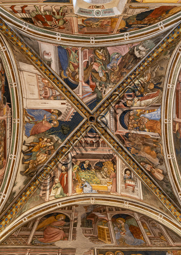  Foligno, Trinci Palace, the chapel: frescoes by Ottaviano Nelli, realised in 1424.  Detail of vault: Marriage of St. Anne; The Angel promises offspring to Joachim and Anna; Their meeting at the golden door of Jerusalem; Nativity of Mary.