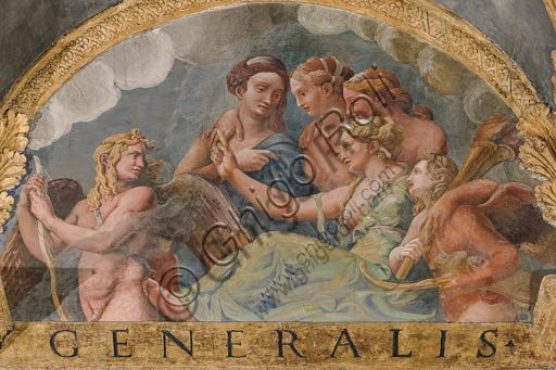  Mantua, Palazzo Te (Gonzaga's summer residence), Sala di Amore e Psiche: view of the vault, with frescoes by Giulio Romano and his assistants (1526 - 1528). Giulio Romano got his inspiration from Apuleius' Metamorphoses.Detail of the vault with Venus scolding Eros.