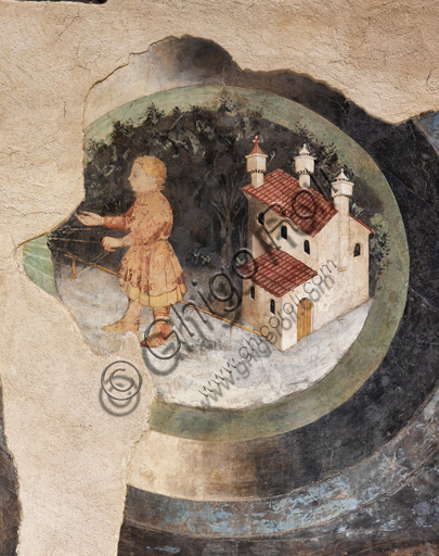 Foligno, Palazzo Trinci: La Sala delle Arti Liberali e dei Pianeti dove vennero rappresentate le figure simboliche dei sette pianeti, Luna, Marte, Mercurio, Giove, Venere, Saturno, Sole, seguendo l'ordine dei giorni della settimana. Ogni pianeta sovrintende ad una fase della vita umana che viene raffigurata all'interno di dischi concentrici dove nella zona di mezzo, l'Aria,il Sole e la Luna definiscono una determinata ora del giorno. Nella parete nord della Sala vennero raffigurate le Arti del Trivio (Grammatica. Dialettica, Retorica) e del Quadrivio ( Aritmetica, Musica, Geometria e Astronomia), secondo un ordine gerarchico di apprendimento che conduce al punto di arrivo di ogni sapere umano, la Filosofia, che trionfa al centro della parete opposta alla finestra. Ogni pianeta influenza una fase della vita umana, ad ogni fase della vita umana corrisponde, nella scala dell'apprendimento, una diversa disciplina, ogni disciplina è simile, per le sue proprietà, ad una delle sfere celesti. La decorazione viene affidata a Gentile da Fabriano, il massimo esponente del gotico internazionale in Italia, con aiuti (Jacopo Bellini, Paolo Nocchi, Francesco Giambono da Bologna e Battista di Domenico da Padova), e realizzata trail  1411 e 1412. Particolare dell'Adolescenza.