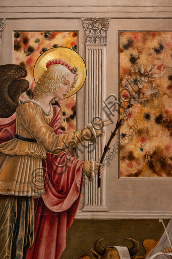  Perugia, National Gallery of Umbria: Annunciation of the Notaries, by Benedetto Bonfigli,1450-3, tempera on panel. Detail of the Archangel with the lily.