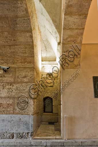 Palermo, The Royal Palace or Palazzo dei Normanni (Palace of the Normans), entrance hall to the Maqueda courtyard from the Parliament square: detail of the interspace towards the Greek Tower.