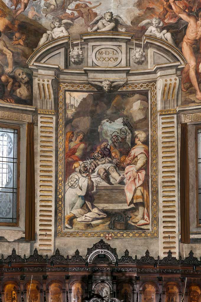 Basilica of St Prospero, the apse: "Lamentation over Dead Christ", fresco by Camillo Procaccini  (1585 - 1587) and wooden choir by Cristoforo e Giuseppe De Venetiis (1545 - 1546).
