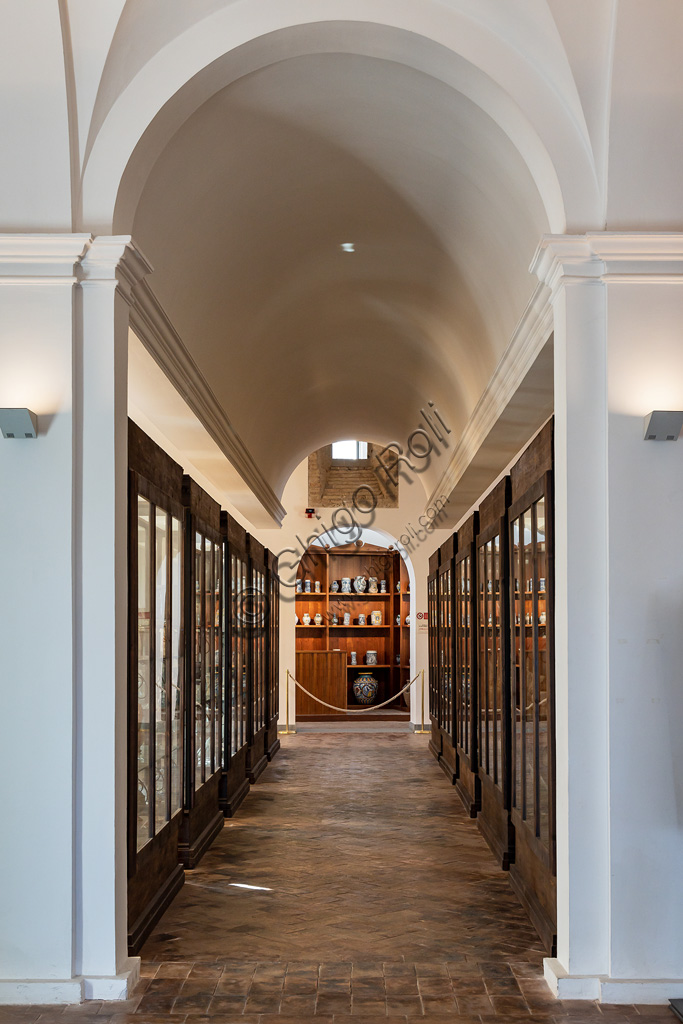  Deruta, Regional Ceramics Museum of Deruta: view of a corridor with display cabinets.