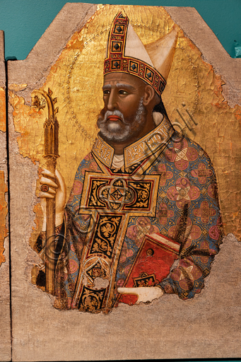  Perugia, National Gallery of Umbria: five panel painting by Meo da Siena, second quarter of the fourteenth century. Deail, on the right S. Herculanus. Tempera and gold background on board.