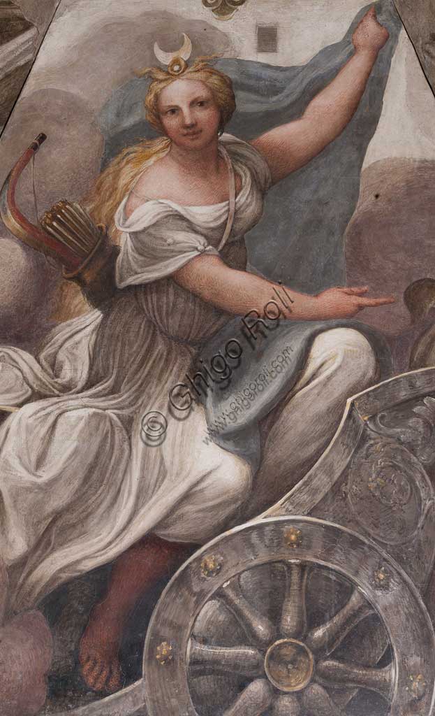 Parma, Former Monastery of St. Paul, Chamber of the Abbess or of St Paul or of Giovanna da Piacenza, the stove hood: "Diana on a chariot",  fresco by Antonio Allegri, known as il Correggio (1518-9). Diana probably is a mythical representation of the Abbess Giovanna da Piacenza who was Correggio's client.