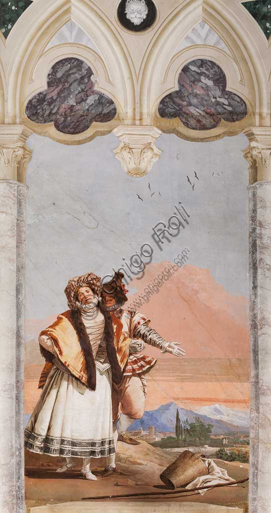 Vicenza, Villa Valmarana ai Nani, Foresteria, Stanza delle finte architetture gotiche: "Dichiarazione d'amore"; affresco di Giandomenico Tiepolo, 1757.