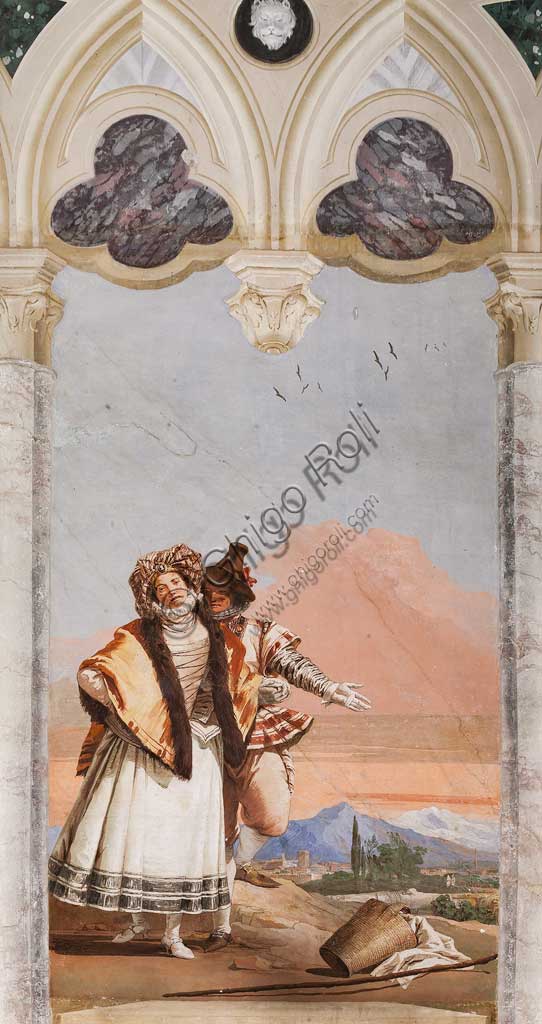 Vicenza, Villa Valmarana ai Nani, Guest Lodgings, Room  of the False Gothic Architectures: "The Love Declaration". Frescoes by Giandomenico Tiepolo, 1757.