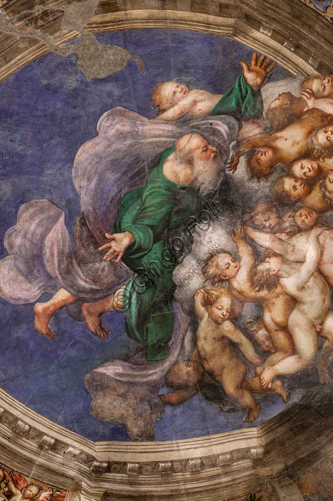 Cortemaggiore, Chiesa della SS. Annunziata (parte del convento dei Francescani), Cappella della Concezione, cupola: particolare di "Dio Creatore tra Angeli", affreschi del Pordenone, (Giovanni Antonio de Sacchis),1529 circa.