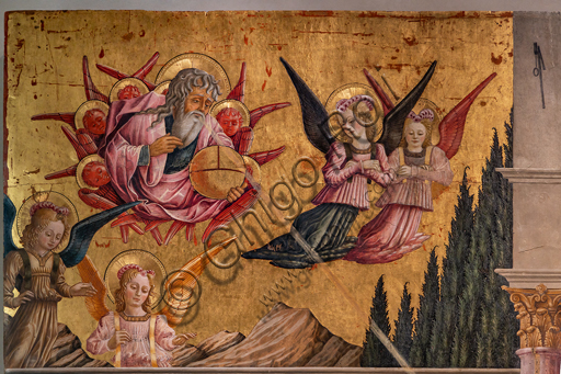 Perugia, Galleria Nazionale dell'Umbria: Annunciazione dei Notai, di Benedetto Bonfigli,1450-3, tempera su tavola. Particolare con Dio e Angeli. 