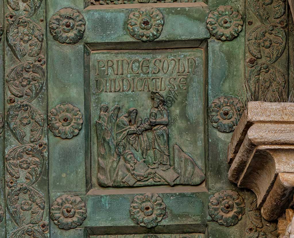  Monreale Cathedral, the gate by Bonanno Pisano (1185-6): bronze tile depicting "The Descent to the Limbo" (scene of the New Testament).The gate is signed "Bonanno civis pisanus". It depicts five scenes of the Old Testament at the bottom, starting with Adam and Eve, and five scenes of the New Testament at the top, ending in "Christ and Mary in the glory of Paradise".