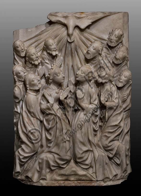 "Descent of the Holy Spirit", by English sculptor, carved alabaster, second quarter of the 15th century.