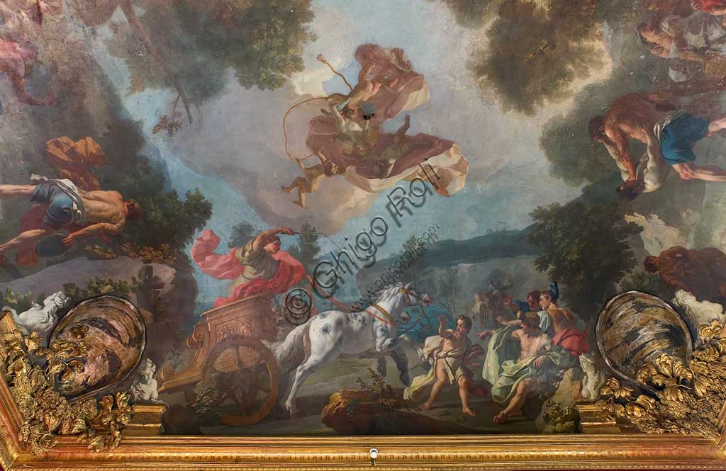 Torino, Palazzo Reale, Appartamento degli Archivi (Terza stanza):  "Discipline dei Giochi Olimpici". Affresco di Francesco De Mura, 1741 - 43. Particolare con biga e cavallo.