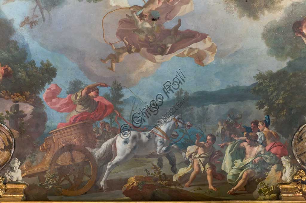 Torino, Palazzo Reale, Appartamento degli Archivi (Terza stanza):  "Discipline dei Giochi Olimpici". Affresco di Francesco De Mura, 1741 - 43. Particolare con biga e cavallo.