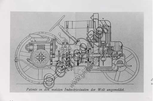 Trattore d'epoca. Particolare di disegno tecnico.Marca: HürlimannModello: 1 K 8Anno: 1929Alimentazione: benzinaNumero cilindri: 1Cilindrata: 850 ccPotenza: CV 8Caratteristiche:  Motore Bernard, costava tantissimo (3.750 franchi svizzeri)