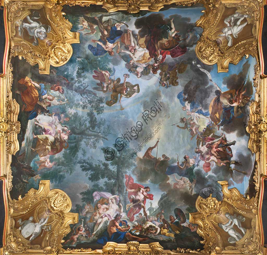 Turin, the Royal Palace,  the Chinese Cabinet (antechamber of the Gallery): the ceiling with "The dispute of the three goddesses and the judgment of Paris". Frescoes by Claudio Francesco Beaumont (1737).
