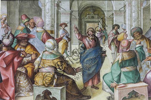 Cremona, Duomo (Cattedrale di S. Maria Assunta), interno,  presbiterio, ottavo arcone: particolare della "Disputa di Gesù con i Dottori", affresco di Boccaccio Boccaccino, 1518.