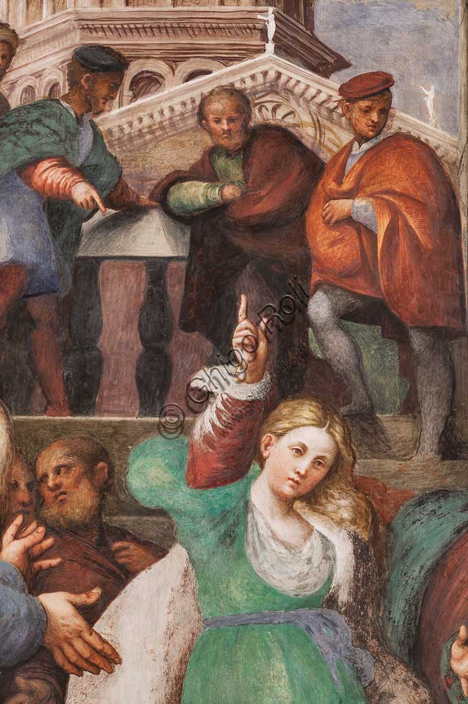 Piacenza, Santuario della Madonna di Campagna, Cappella di Santa Caterina:  "Disputa di S. Caterina con i Filosofi". Affresco del Pordenone (Giovanni Antonio de Sacchis, 1530 -1532). Particolare.
