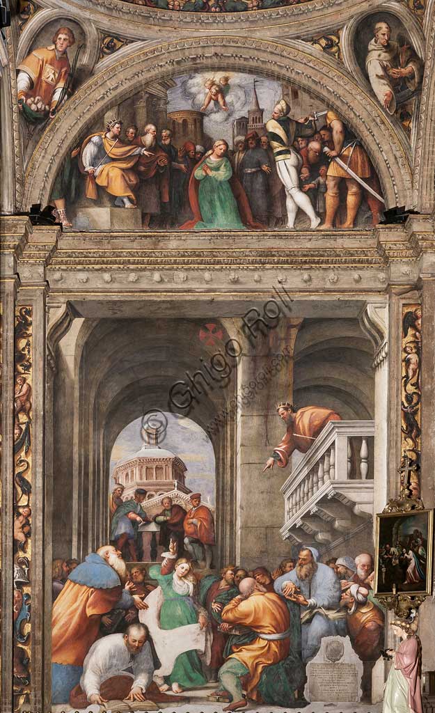 Piacenza, Santuario della Madonna di Campagna, Cappella di Santa Caterina:  "Disputa di S. Caterina con i Filosofi"; nella lunetta: "Decapitazione di S. Caterina". Affreschi del Pordenone (Giovanni Antonio de Sacchis, 1530 -1532).