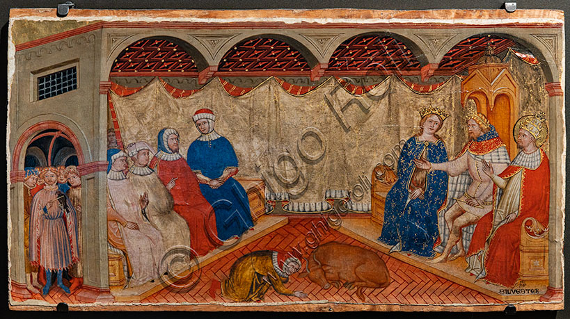 “Disputa di San Silvestro con i rabbini di Roma alla presenza di Costantino ed Elena”, di Battista da Vicenza (1375? - 1438) , tempera su tavola.