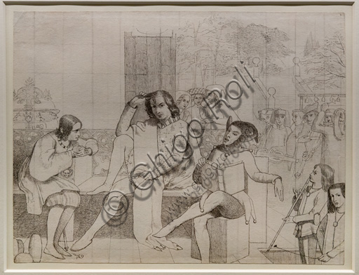  Study for "The Twelfth Night",  (1850)  by Walter Howell Deverell (1827 - 54); graphite and ink on paper.
