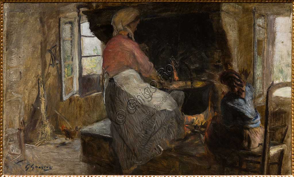 Collezione Assicoop Unipol:  Giuseppe Graziosi  (1879-1942), "Donna al focolare"; olio su tela.