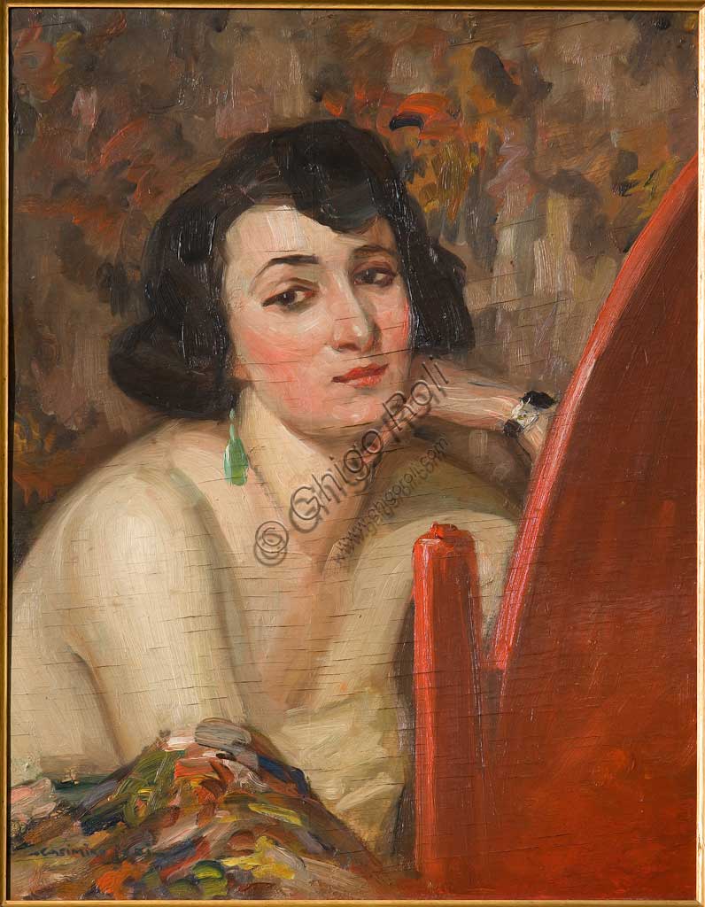 Assicoop - Unipol Collection: Casimiro Jodi (1886-1948), " Woman at Mirror". Oil on plywood, cm. 47,5 x 59,5.