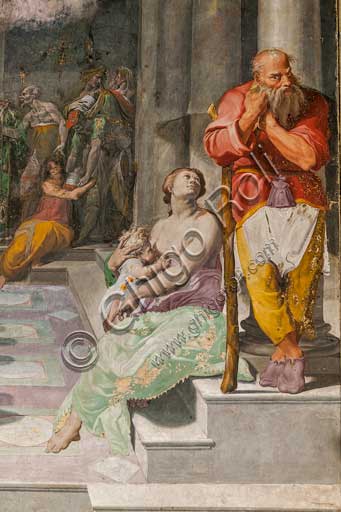 Bologna, Chiesa di San Giacomo, cappella Poggi: Annuncio della venuta del Battista, particolare con donna che allatta a lato di un uomo barbuto con scarsella.Affreschi di Pellegrino Tibaldi (1527 - 1596).