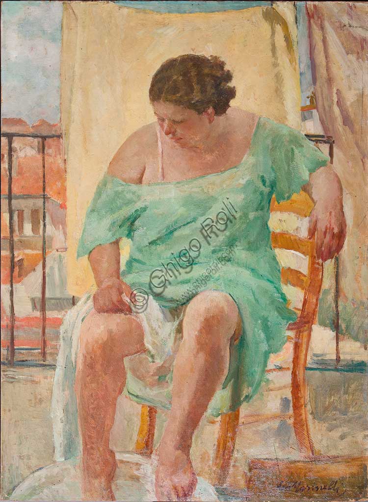Collezione Assicoop - Unipol: Leo Masinelli (1902-1983), "Donna che si lava i piedi". Olio su compensato, cm. 90x125.