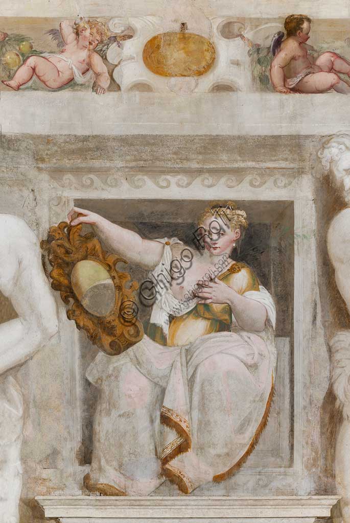 Caldogno, Villa Caldogno, main hall: Detail with woman holding a mirror. Fresco by Giovanni Antonio Fasolo, about 1570.