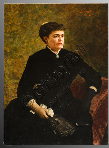Giovanni Muzzioli (1854 - 1894): "Woman holding a handkerchief" (oil painting on canvas, 122 X 90 cm)