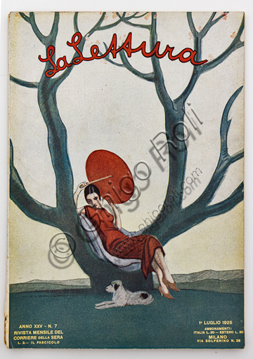 “Donna su albero con parasole rosso. La Lettura, 1° luglio 1925”, illustrazione di Marcello Dudovich per la copertina della rivista La Lettura, 1925, stampa tipografica.