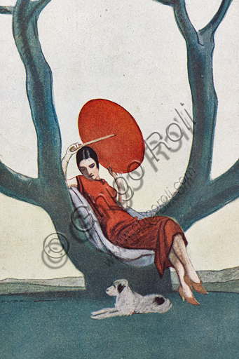 “Donna su albero con parasole rosso. La Lettura, 1° luglio 1925”, illustrazione di Marcello Dudovich per la copertina della rivista La Lettura, 1925, stampa tipografica. Particolare.