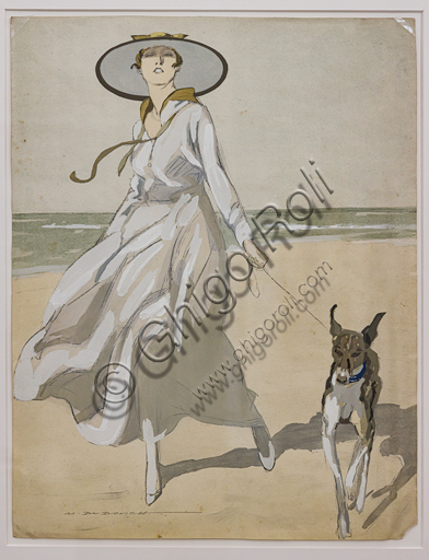 “Donna sulla spiaggia con levriero”, illustrazione di Marcello Dudovich, stampa. Tale illustrazione venne usata come copertina per la rivista tedesca Simplicissimus.